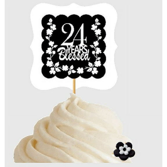 24th Birthday / Anniversary Blessed Cupcake Decoration Toppers Picks -12ct