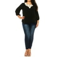 thumbnail image 2 of Women's Plus size Solid 3/4 Sleeve Blouse with Puff Sleeves and Lace and Pearl Accent, 2 of 5