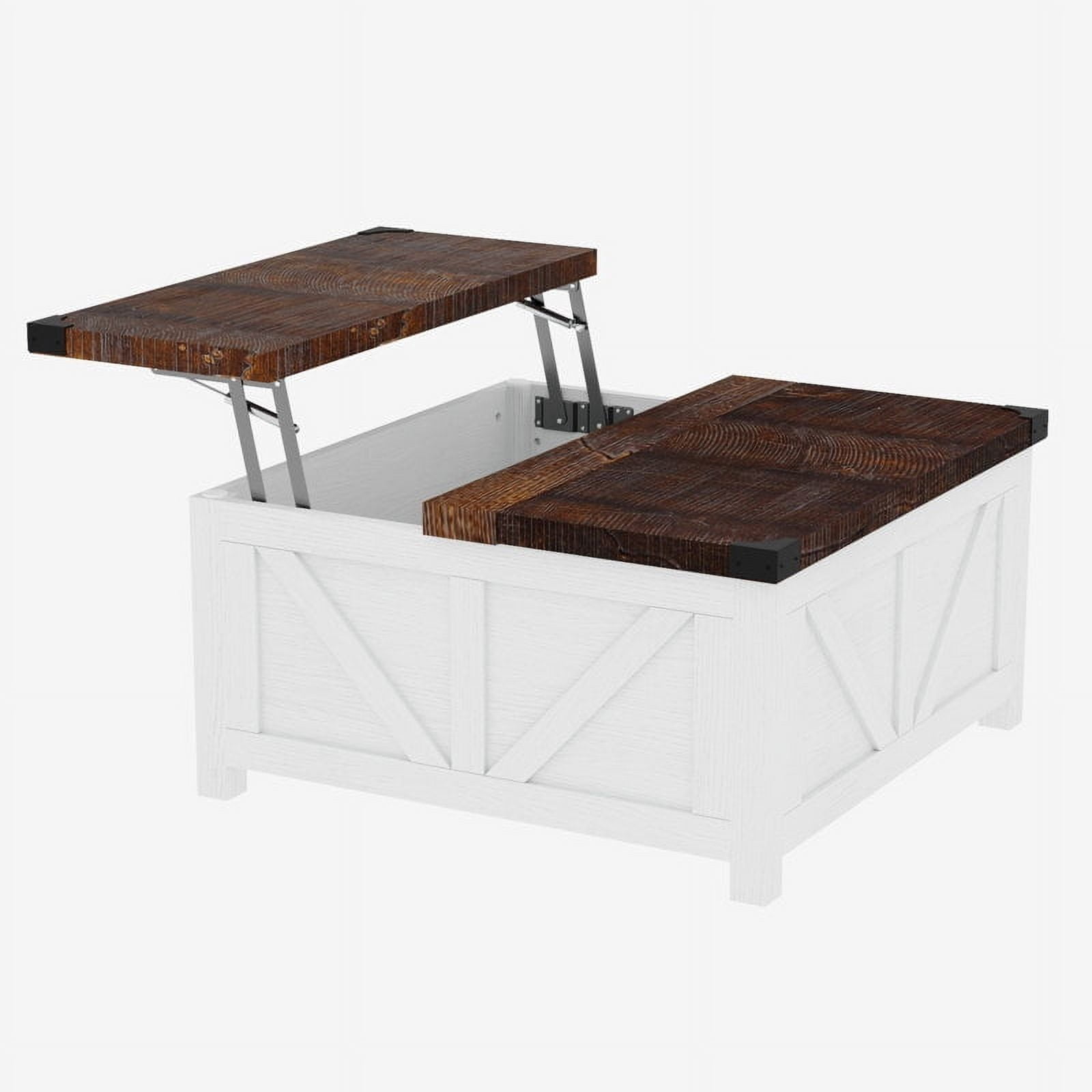 35.6" Farmhouse Lift Top Coffee Table with Charging Ports,Large Square Coffee Table with Storage, Wood Center Table w/Large Hidden Space for Living Room Home Office,White Brown
