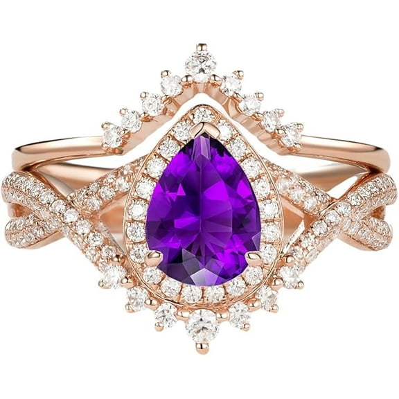beryl_creation 2.00 Ct Pear Cut Purple Amethyst Wedding Engagement Bridal Ring Set 14K Rose Gold Plated 925 Sterling Silver For Women's -5