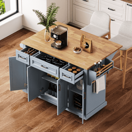 54 Inch Kitchen Island with Drop Leaf, Rolling Kitchen Cart on Wheels with Storage, 4 Doors & 3 Drawers, Farmhouse Style Mobile Island for Kitchen, Grey Blue