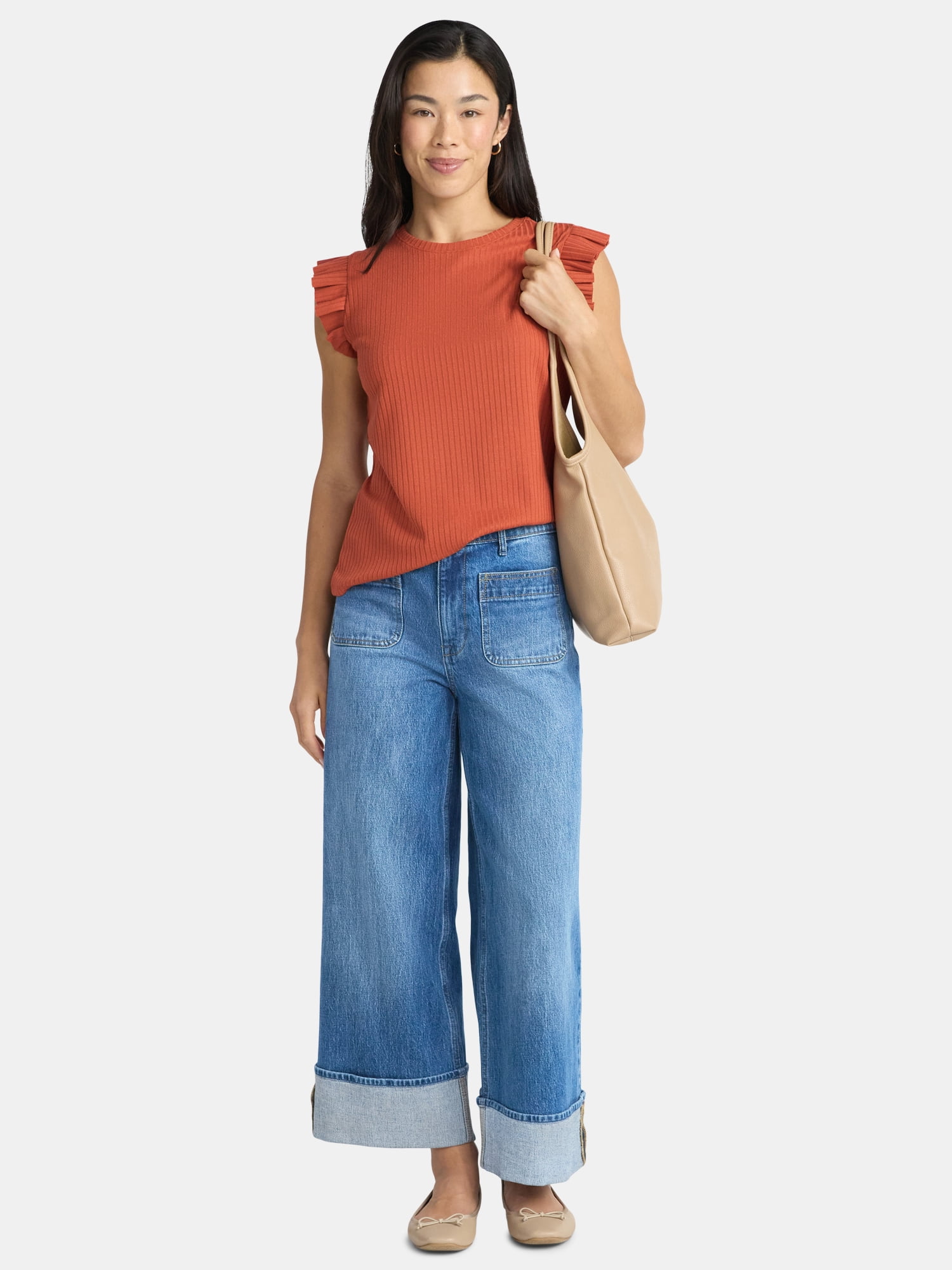 6(ROKU)◆FRILL NO SLEEVE TOP LXYZXZ Women's Chic Ruffle Top Front Ruffle Trim Tie