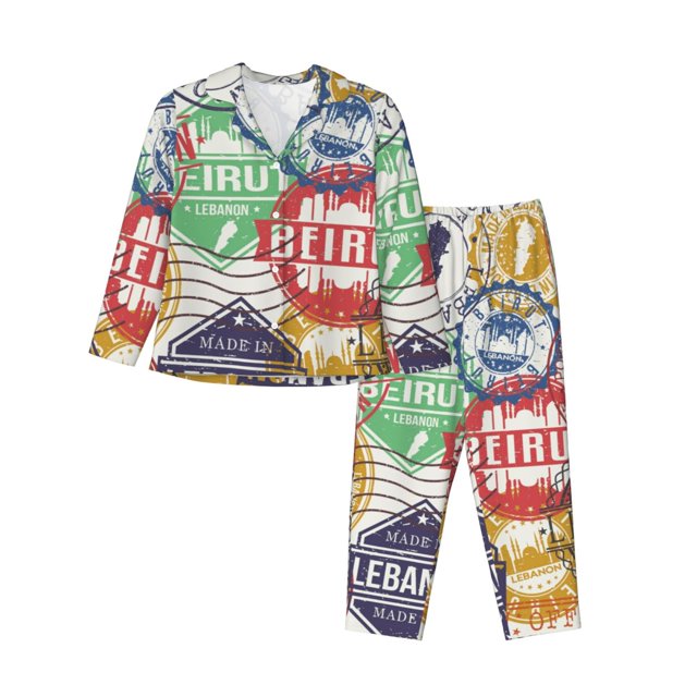 Balery Travel Stamp Conjunto de Pijama con Estampado para Mujer, Conjunto de Dos Piezas con Manga Larga, Ropa de Dormir Suave con Bolsillos, Pijamas Cómodos-XX-Large
