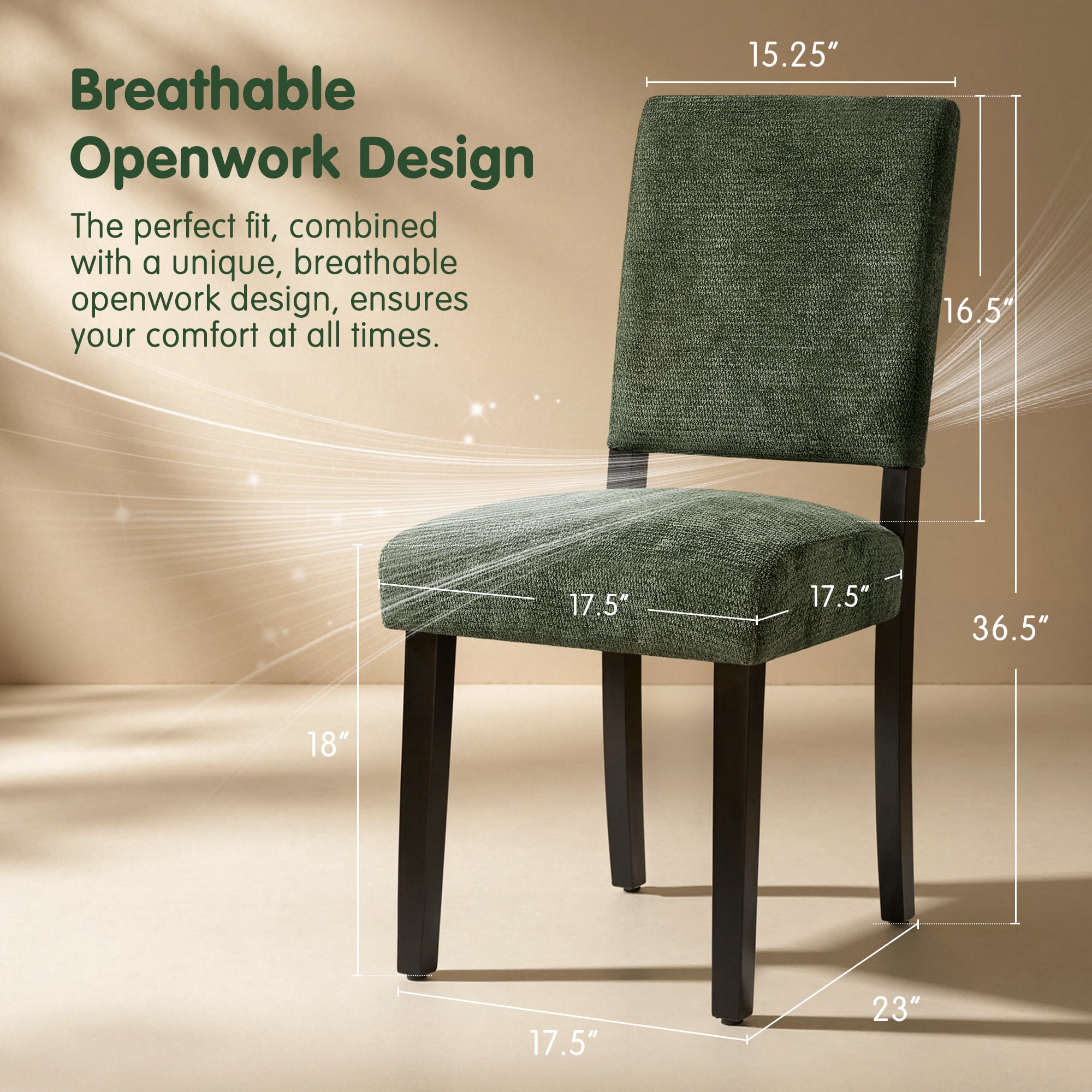 CHUN YI Chenille Upholstered Dining Chairs Set of 2, Open Back Kitchen Dining Room Chairs with Solid Rubberwood Frame, French Country Style, Green