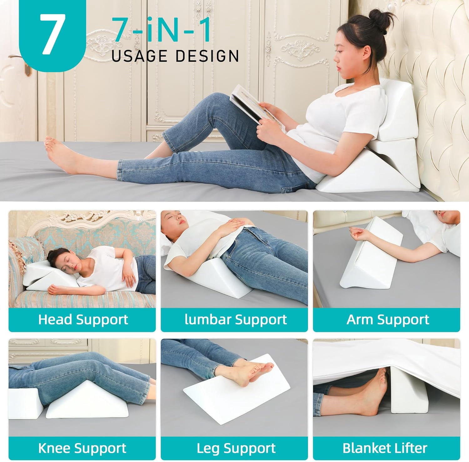3-in-1 Side Wedge Pillow,Wedge Pillow for Back Pain Relief,Foam Wedges for Positioning in Bed,Positioning Wedges for Bed Sores,for Seniors,Caregivers,Side Sleepers,After Surgery,White