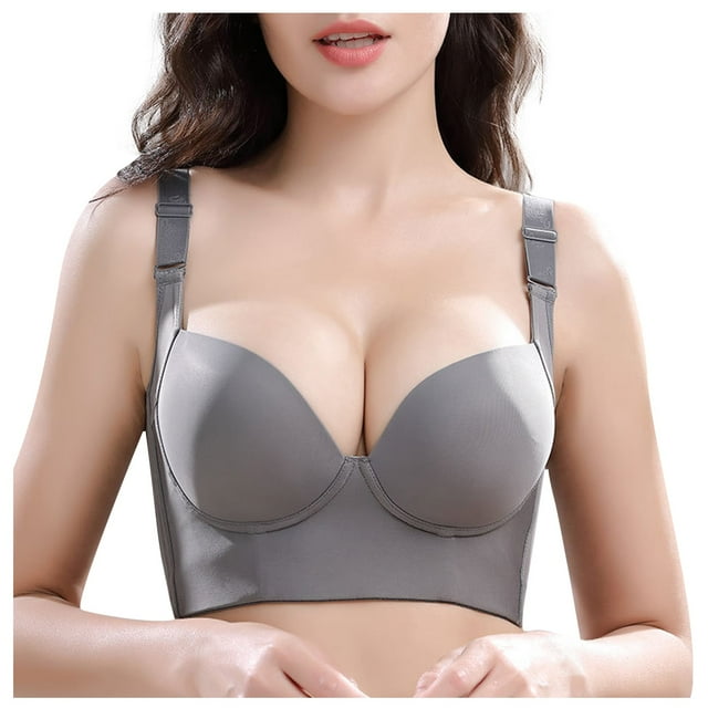 TQWQT Women's Push Up Bra Smooth Wire-Free Bra Plunge Padded Bra Underwire T-Shirt Bra Gray 34F