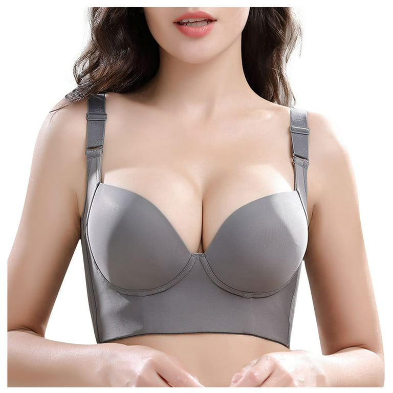 Mlqidk Women's Plus Size Bras Longline Push Up Bra Bustier Bra Seamless  T-Shirt Bra Gray 36D