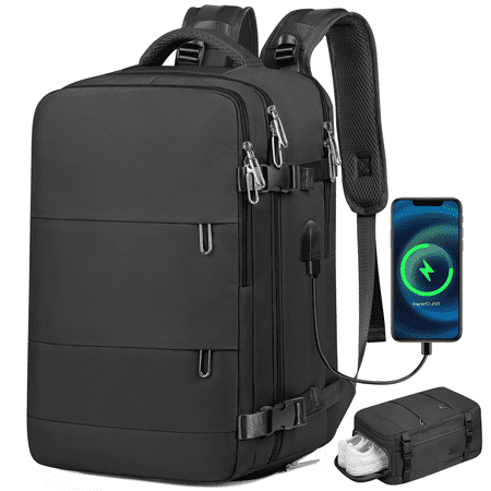 17.7" Travel Backpack with USB Port & Shoe Compartment, TSA-Approved Laptop Carry On Backpack, Waterproof Large Casual Daypack Travel Bag for Women Men Weekender Trips, Business & Hiking, Black