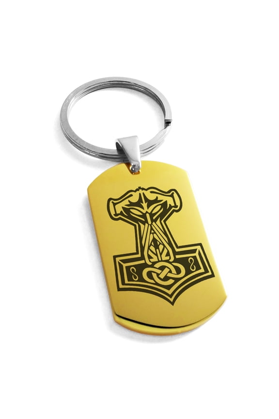 Stainless Steel Mjolnir Thor's Hammer Viking Norse Engraved Dog Tag Keychain Keyring