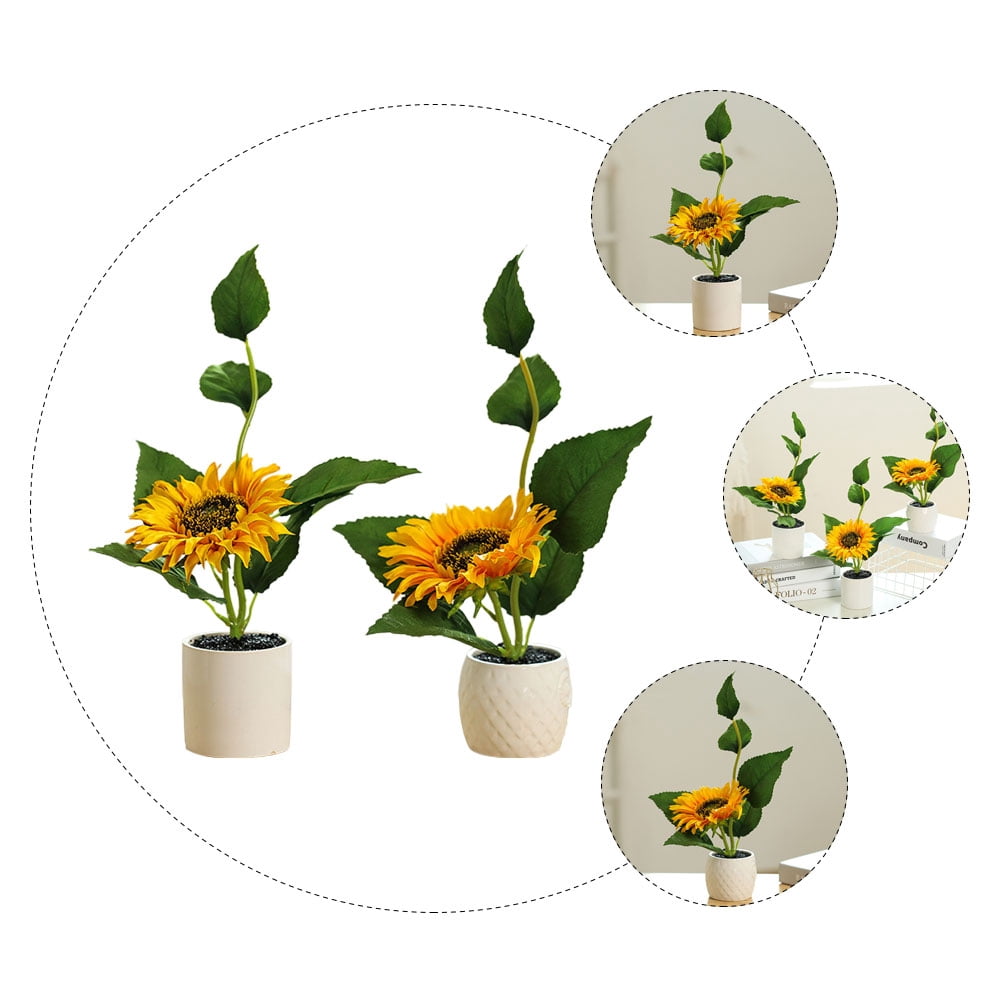 2 Pcs Potted Sunflower Fake Green Plant Decors Desktop Adornments Delicate Plant Faux Flowers Indoor Potted Plants