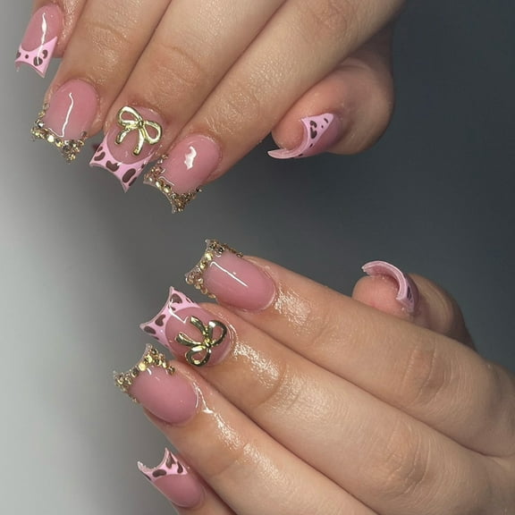 KUFptva 24Pcs Short Square False Nails French Tip Nails Press On Nails Stick on Nails Manicure With Rhinestones And Bows