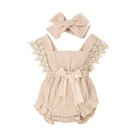 

Qtinghua 2Pcs Newborn Infant Baby Girl Clothes Lace Ruffle Sleeveless Romper Bodysuit Jumpsuit Headband Summer Outfits Beige 6-12 Months