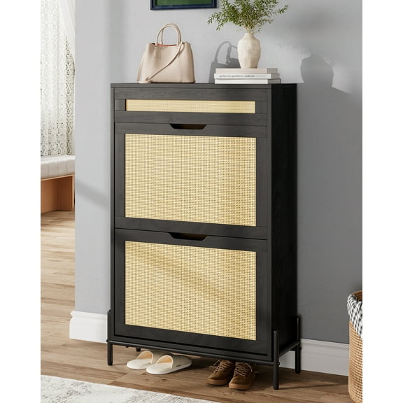 Gaderth Rattan Shoe Cabinet, Hidden 2 Flip Doors Shoe Storage, Closed Shoes Rack, Narrow Entryway Shoe Organizer with Adjustable Shelves, Slim Freestanding Shoe Cabinet for Hallway, Entrance