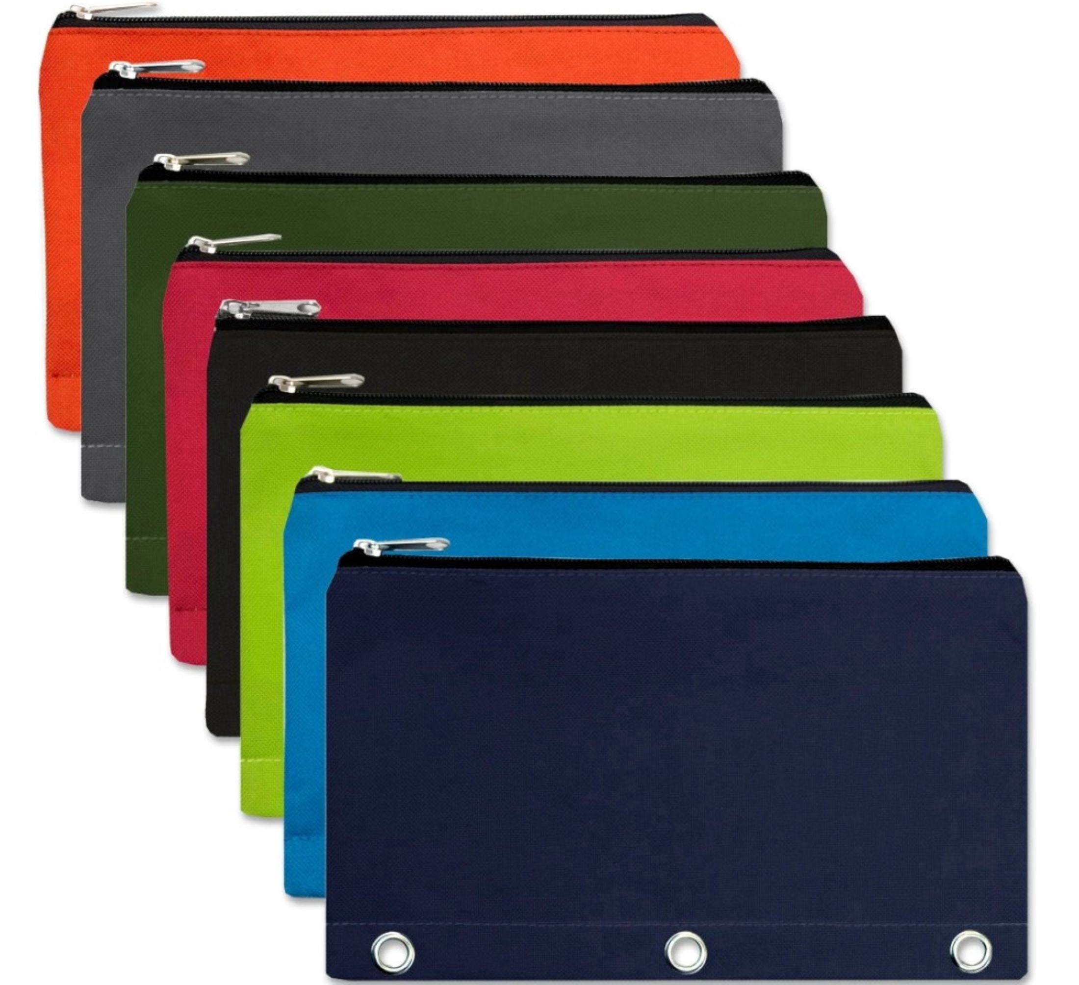 100 Pack 10.25 Inch Solid Color Zippered 3-Ring Binder Pencil Cases for Pens, Pencils, Markers, Writing Utensils in 8 Assorted Colors