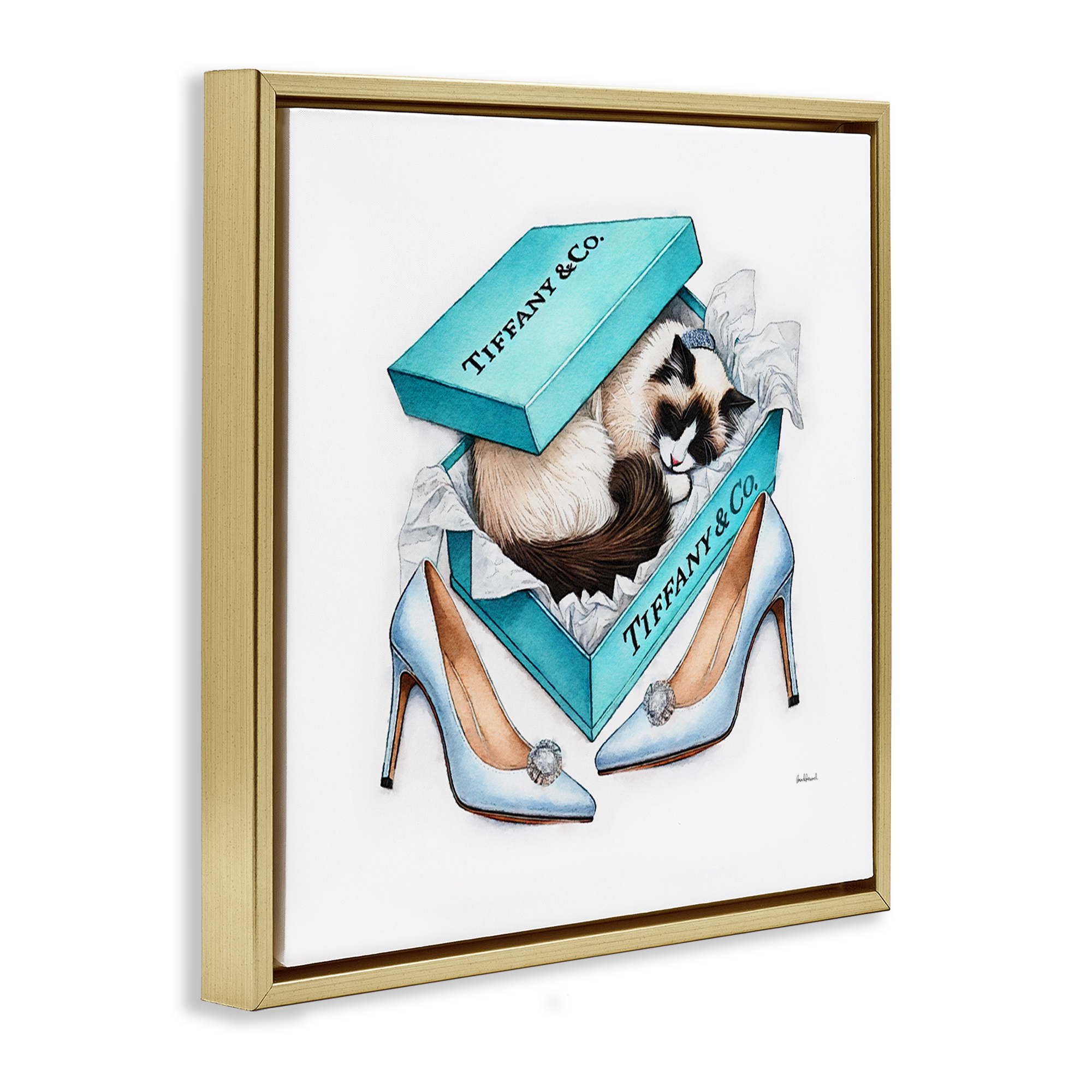 Stupell Industries Blue Shoebox with Kitten Animals Painting Gold Floater Framed Canvas Art Print Wall Art, 18 x 18