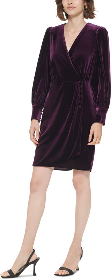 Calvin Klein Women's Velvet Button-Trimmed Surplice Dress, Aubergine, 4 -  