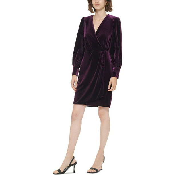 Calvin Klein Women's Velvet Button-Trimmed Surplice Dress, Aubergine, 4 -  