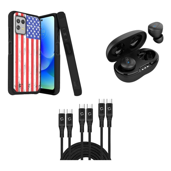 BD Combo Bundle Case for Moto G Power 5G 2023 Case - (USA American Flag) Dual Shockproof Protector Armor Case with Noise-Cancelling Wireless Earbuds, USB-C to USB-C Cables (3ft, 6ft, 10ft)