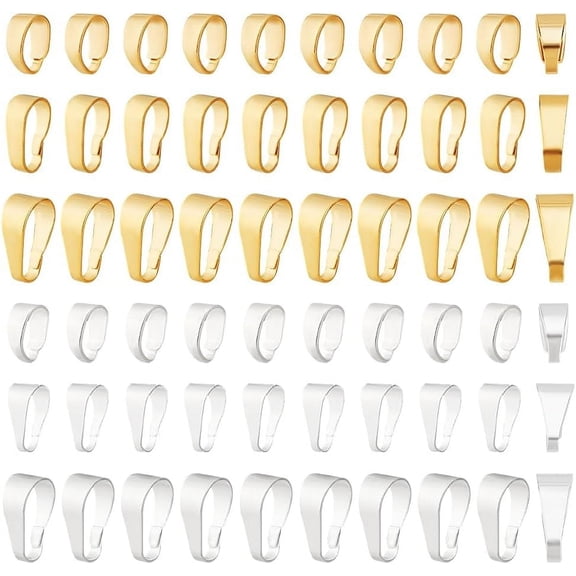 60pcs Pendant Clasp 24K Gold and Sterling Silver Plated Charm Connectors 3 Size Golden Pinch Bails Brass Necklace Charm Clasp Jewelry Clasps Snap on Bails for Jewelry Making