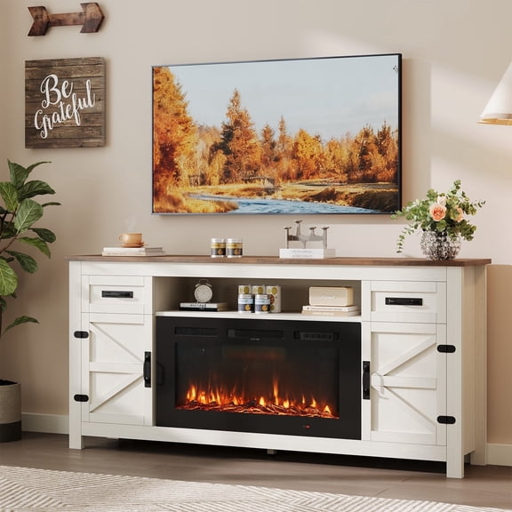 Sonegra 70" Fireplace TV Stand, Entertainment Center for TVs Up to 80”, TV Console with Storage Cabinets, Media Console for Living Room, White TV Stand and Black Fireplace