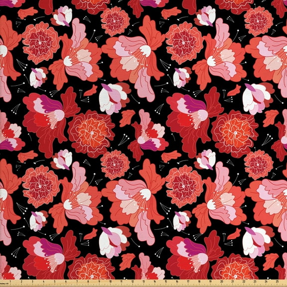Floral Upholstery Fabric by the Yard, Flourishing Flowers Summer Garden Botany Concept Abstract Illustration, Decorative Fabric for DIY and Home Accents, Coral Pink Black by Ambesonne