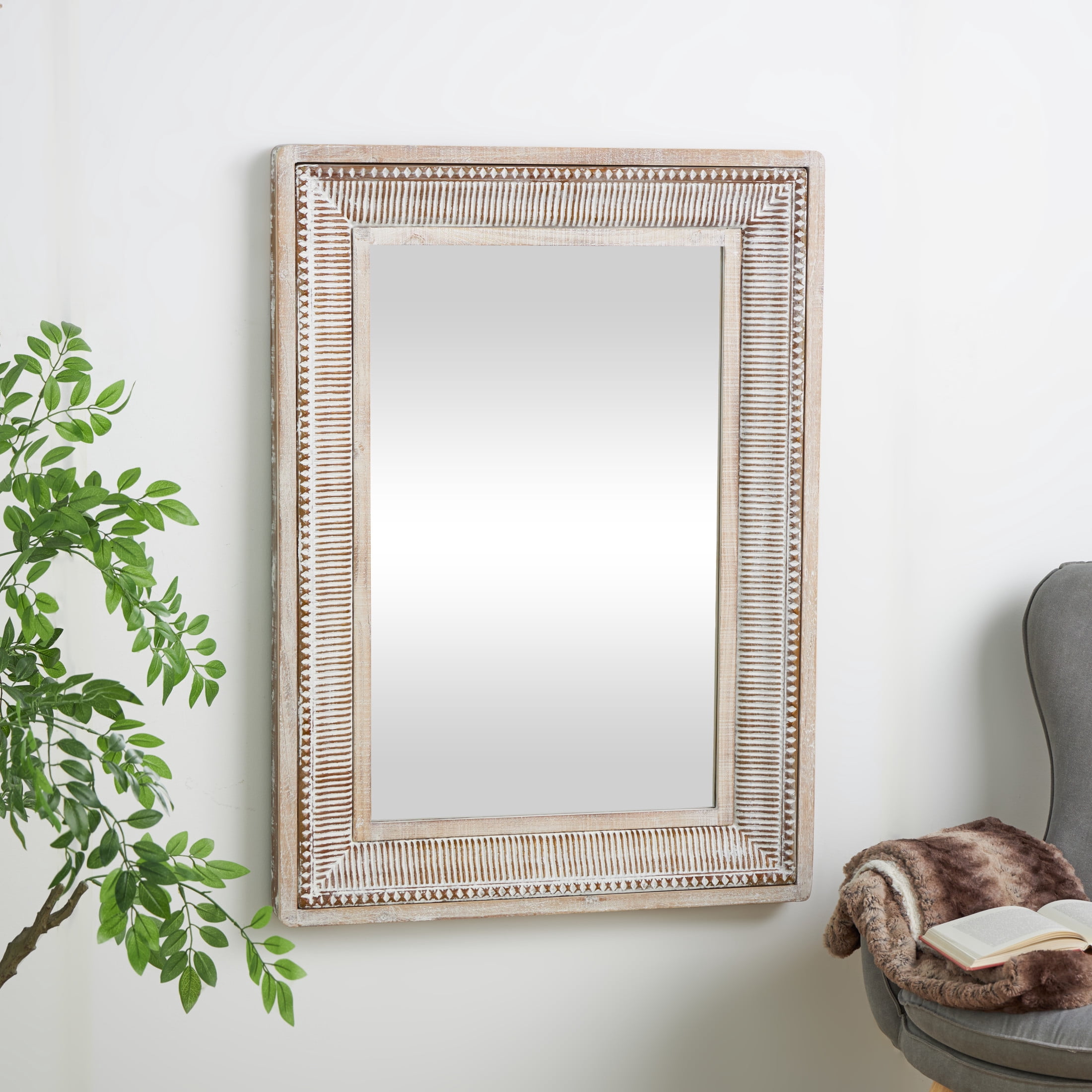 DecMode 31" x 43" Brown Whitewashed Wall Mirror with Linear Gold Markings