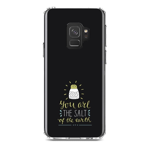 DistinctInk Clear Shockproof Hybrid Case for Samsung Galaxy S9 (5.8" Screen) - TPU Bumper, Acrylic Back, Tempered Glass Screen Protector - You Are the Salt of the Earth - Black Yellow