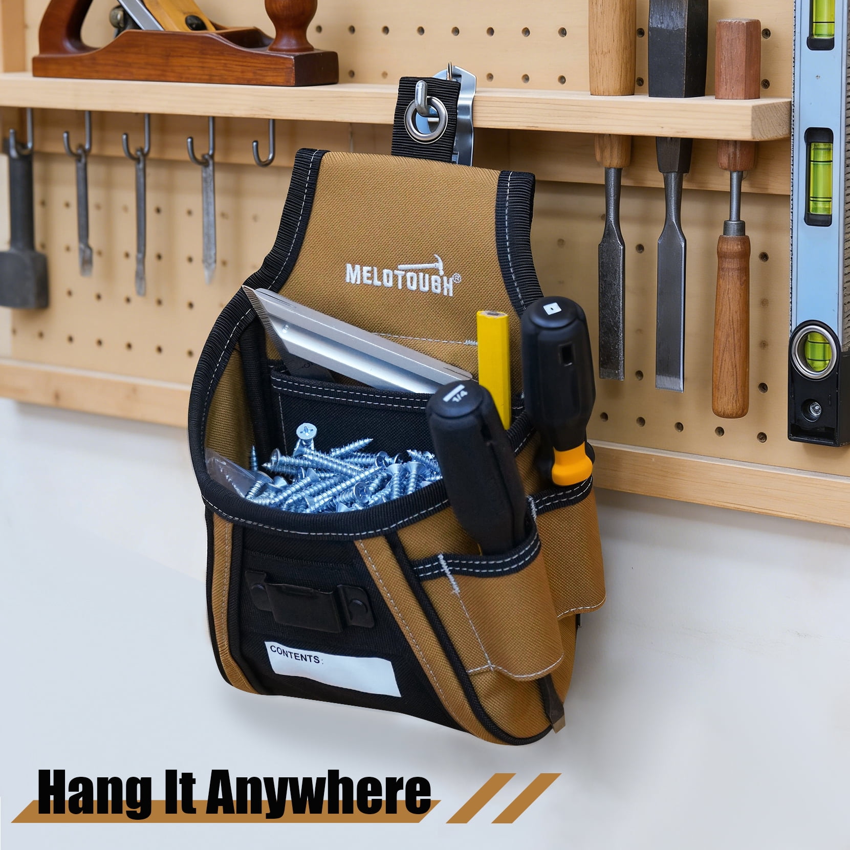 MELOTOUGH Nail and Screw Organizer Bag for Electricians and Carpenters, Tool Belt Pouch with Belt Clip, Heavy Duty Work Fastener Pouch