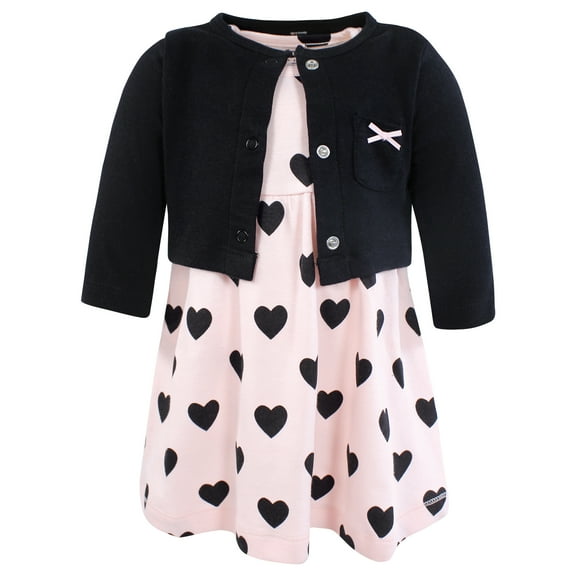 Hudson Baby Infant and Toddler Girls Cotton Dress and Cardigan Set, Pink Black Heart, 0-3 Months