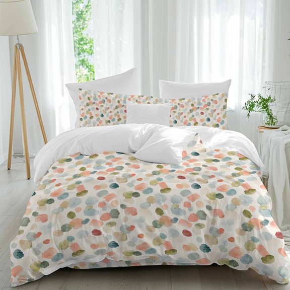 Watercolor Dot 4 piece Duvet Cover Set, Comfort Bedding Set Queen Size Minimalist Soft Sage Green Blue Pink Ditsy Floral Include a Duvet Cover, a Bed Sheet, 2 Pillowcase with Zipper for All Season