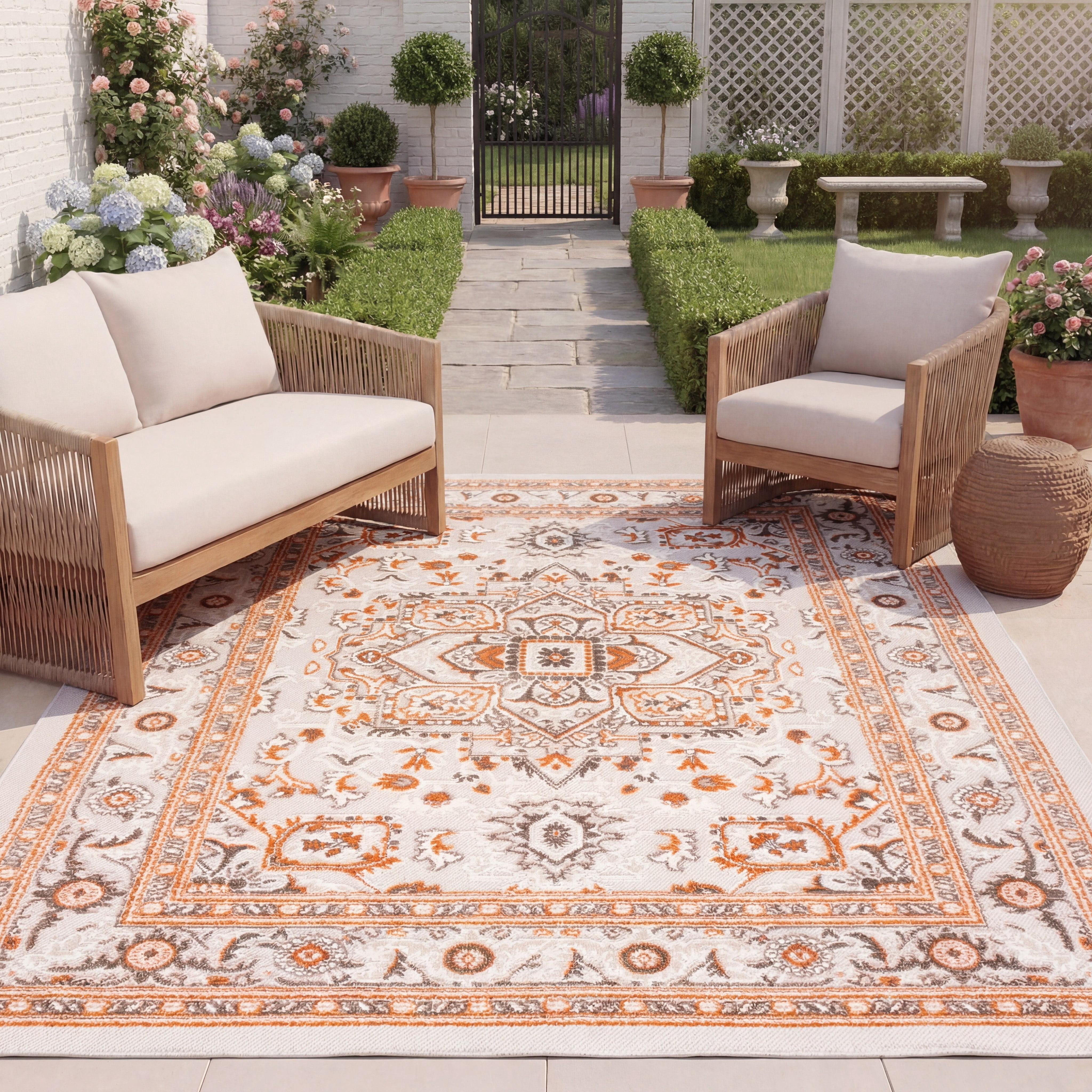 SAFAVIEH Cabana Greta Beige/Orange 2'2"X9' Runner Indoor/Outdoor Area Rug Beige/Orange, 6'7" x 6'7" Square