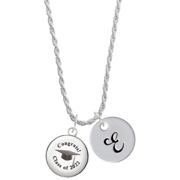 Delight Jewelry Silvertone Domed Class of 2022 Silvertone Script Initial Disc - E - Charm Necklace, 20"+3"