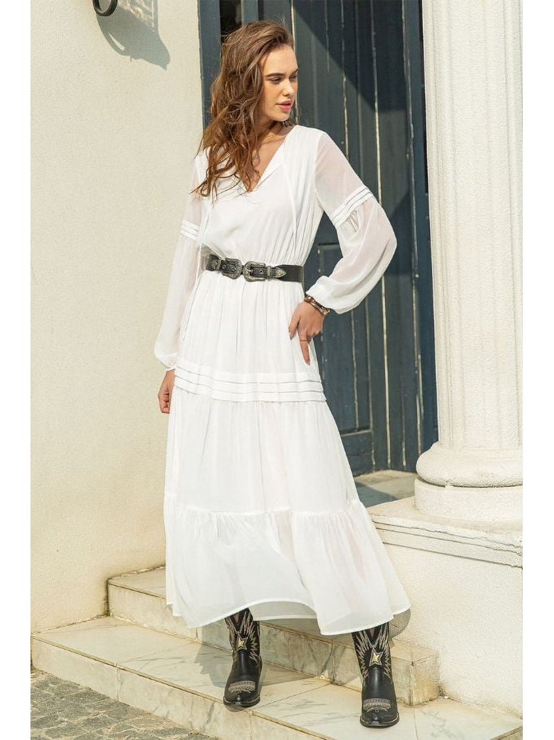 Long Sleeve Boho Dress with Tie Neck Dress (XL, White) - Walmart.com