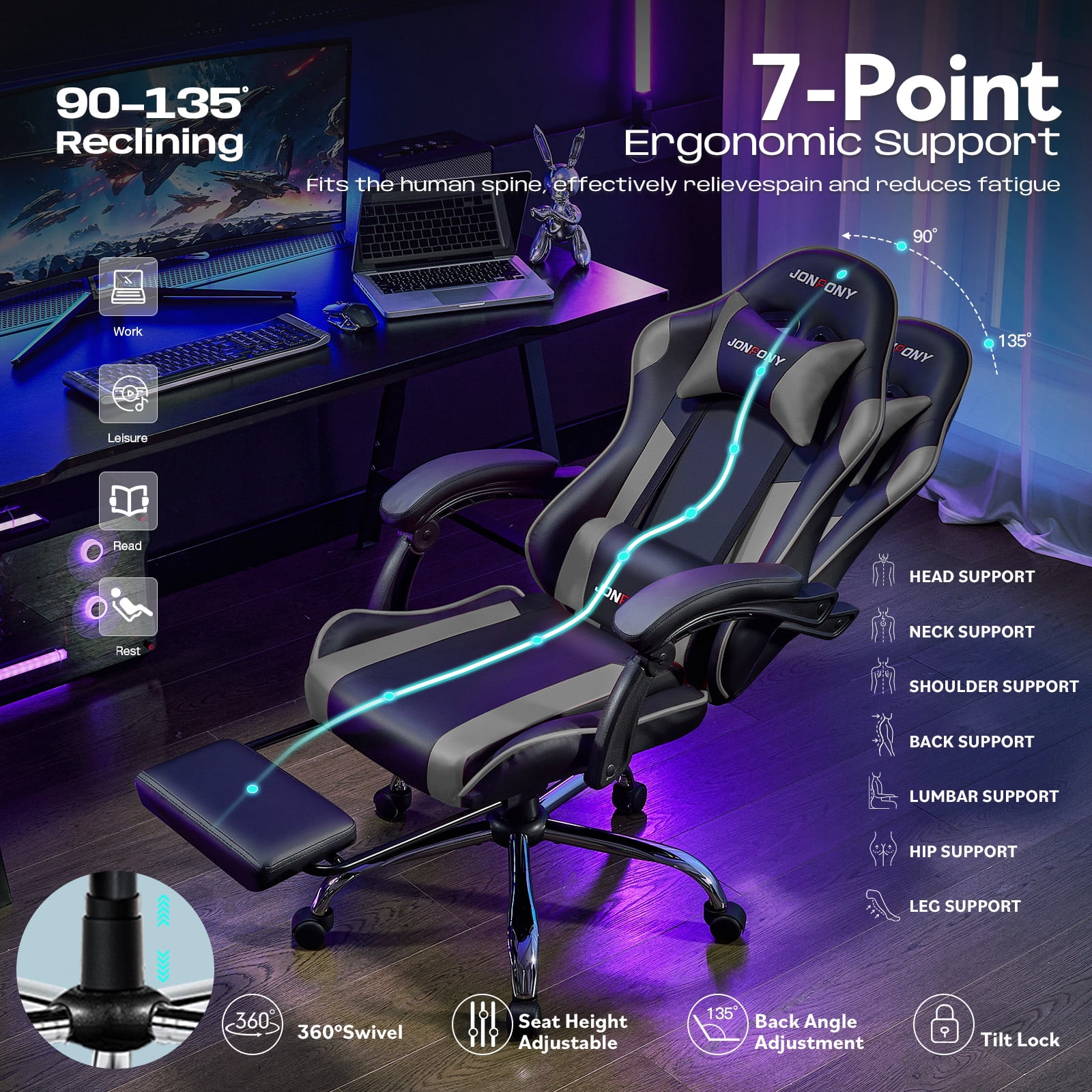JONPONY Big and Tall 400LBS Gaming Chair, Ergonomic Design, Gamer Chair PU Leather with Footrest and Lumbar Support, High Back Office Chair Support 8 Hours Long Sitting, Computer Chair,Black Grey