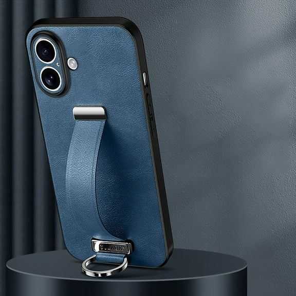 For iPhone 16 Case with Adjustable Wristband Strap Kickstand, Hand Strap Grip Loop LUXURY PU Leather Case,Shockproof Protection Cover for Women Men For iPhone 16,Darkblue