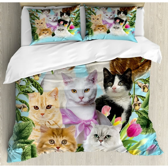 Cat Lover Duvet Cover Set King Size, Abstract Composition of House Cats Feline Domestic Pets with Blooming Composition, Decorative 3 Piece Bedding Set with 2 Pillow Shams, Multicolor, by Ambesonne