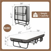 Twin Folding Bed with Mattress, 75 x 38 Portable Rollaway Bed for Adults, Metal Frame Foldable Guest Bed with Memory Foam Mattress, Daybed or Extra Sleeping Space with Side Storage Pocket
