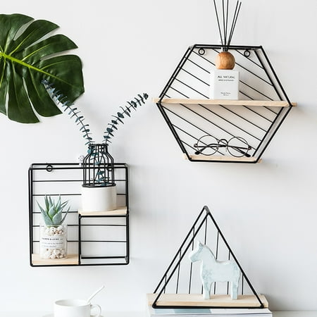 Shelf Squares Metal & Wood Square Design Grid Wall Shelf Hanging Rack Bookcase Storage Holder Floating Display Shelves Home Bedroom Decor Wall Display Rack Home Decor ()
