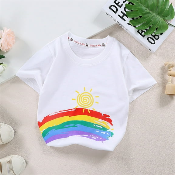 Nrmvnmi Toddler Kids Baby Boys Girls Summer Casual T-shirts Short Sleeve Round Neck Rainbow Print White Cotton Tee Tops
