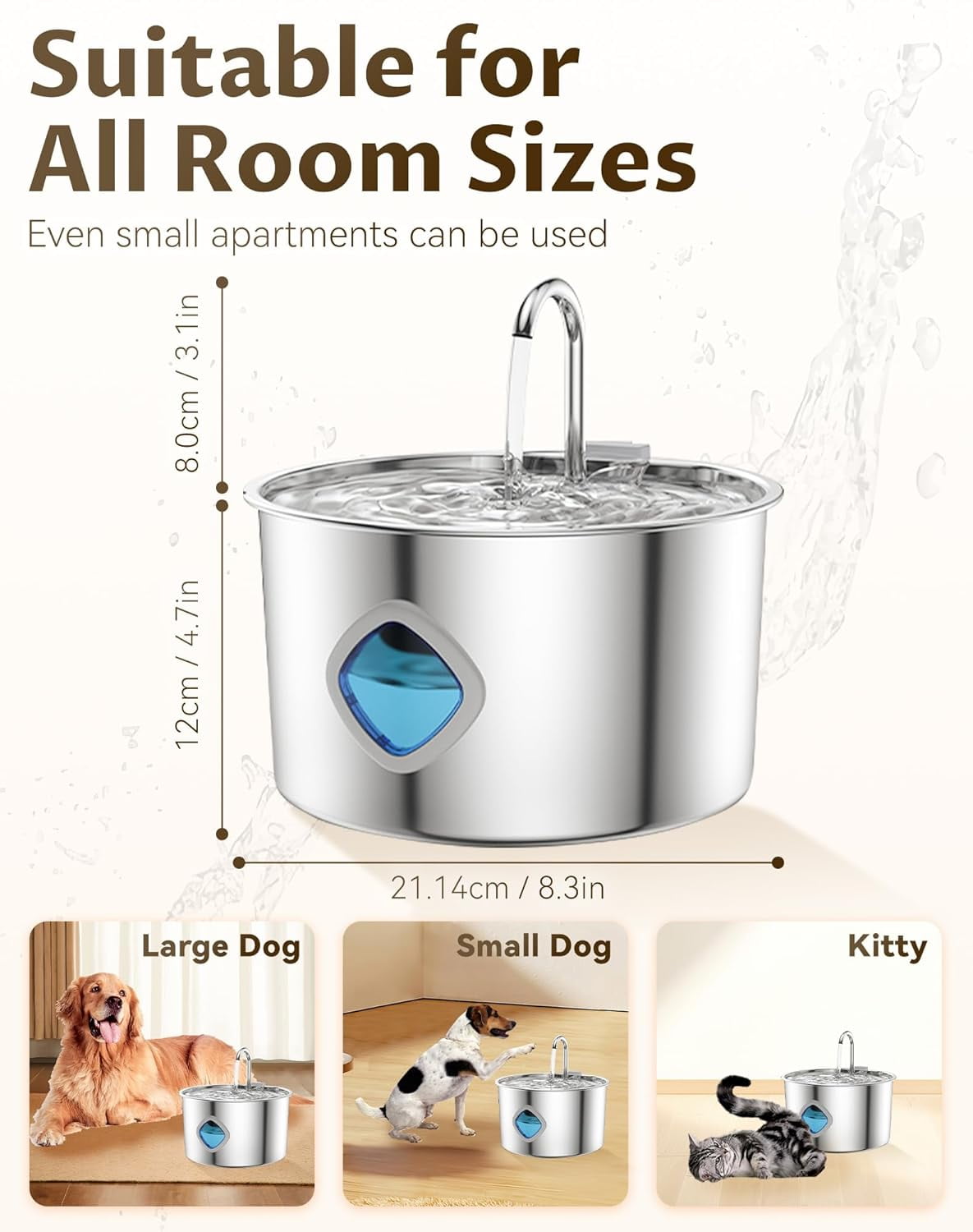 3.2L Stainless Steel Dog Water Fountain with 10 Filters, Quiet Pump Pet Bowl with Visible Water Level, Easy to Clean, for Dogs and Cats