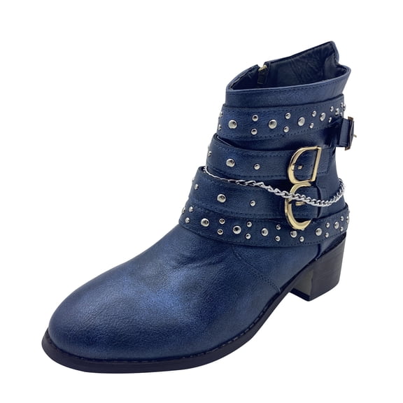 2024 Women's Biker Ankle Boots Mid Calf Motorcycle Fashion Festival Boots Combat Riding Military Boots for Women Dark Blue 4.5