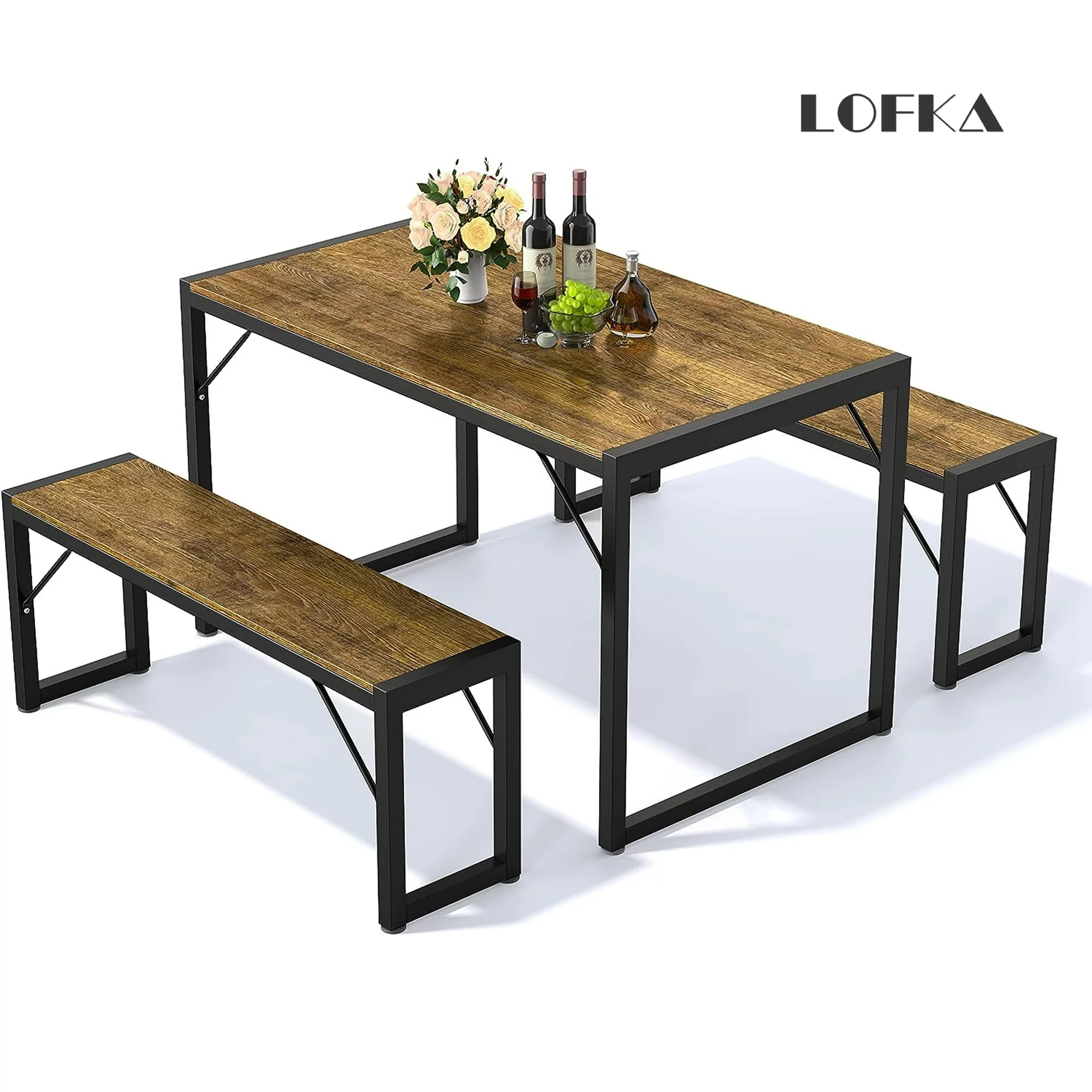 Lofka Dining Table Set for 4 with Benches - Solid Wood Kitchen Table for Small Spaces, Breakfast Nook & Apartments (Vintage Brown)