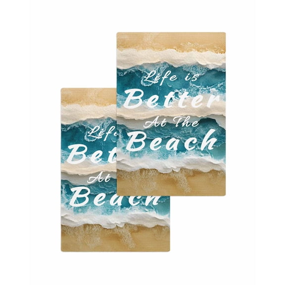 Life Is Better at The Beach Kitchen Dish Towels for Drying Dishes Set of 2, Beige Blue Coastal Seaside Waffle Weave Microfiber Terry Hand Tea Bathroom Towels Quick Dry & Absorbent Towel 15.7x23.6