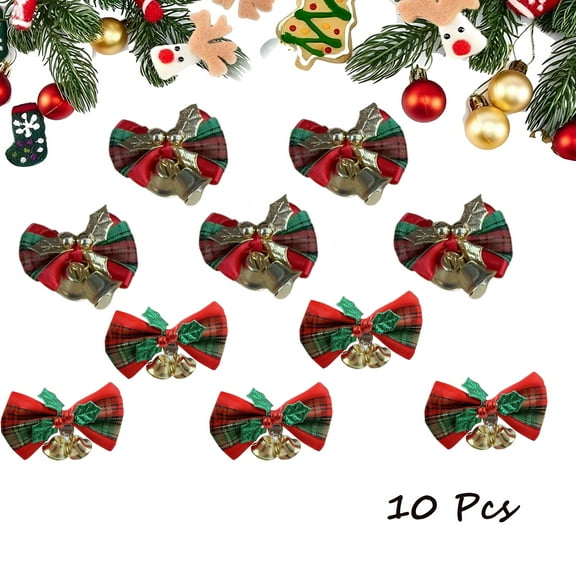Tarmeek 10Pcs Christmas Bows with Bells Decorations, Accessorie Bows Xmas Ornaments for Christmas Tree Front Door Wall Fence Decor Indoor Outdoor Christmas Decorations