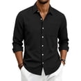 thumbnail image 2 of Dwelliawo Men's Linen Shirts Casual Button Down Long Sleeve Shirt Solid Spread Collar Summer Beach Shirts with Pocket Black M, 2 of 5