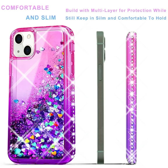 iPhone 13 Case, [Not Fit for iPhone 13 Mini/Pro/Pro Max], Liquid Floating Glitter Quicksand Bling with Spot Diamond Cover - Pink / Purple