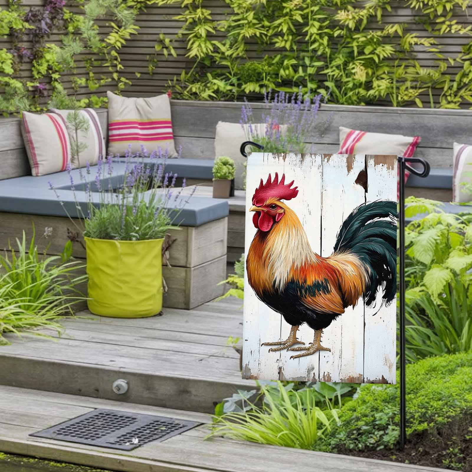 Garden Flag Double-Side Printed House Flag Vintage Rooster Yard Flag White Wood Grain Welcome Banner Decor Outdoor Holiday Decorations 28*40in