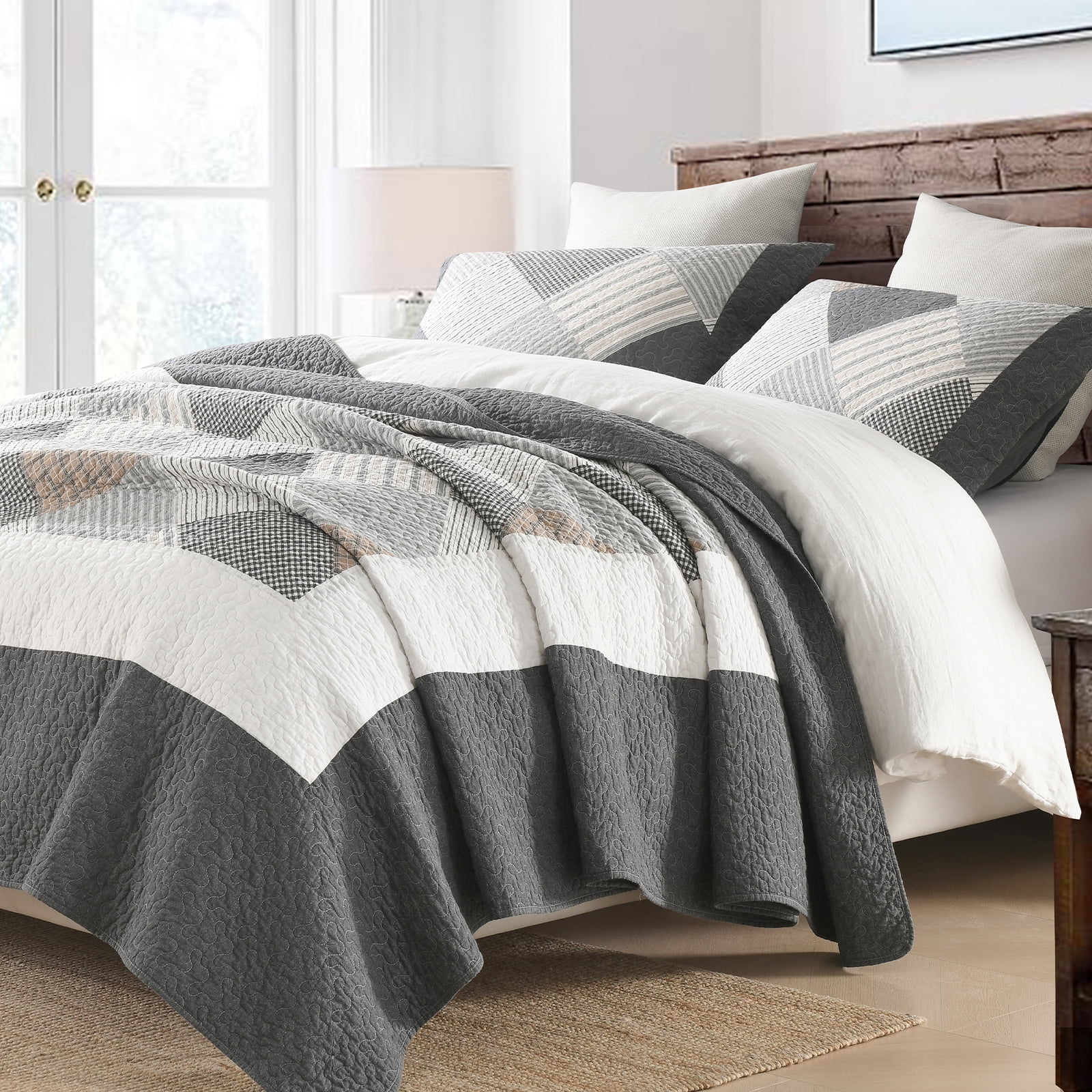 PANGUSHAN 100% Cotton Quilt Set King Size, 3pcs Plaid Bedspread Quilt Bedding Set for King Bed, Reversible Lightweight Comforter Bed Spread for All Seasons, Dark-Gray/White/Brown