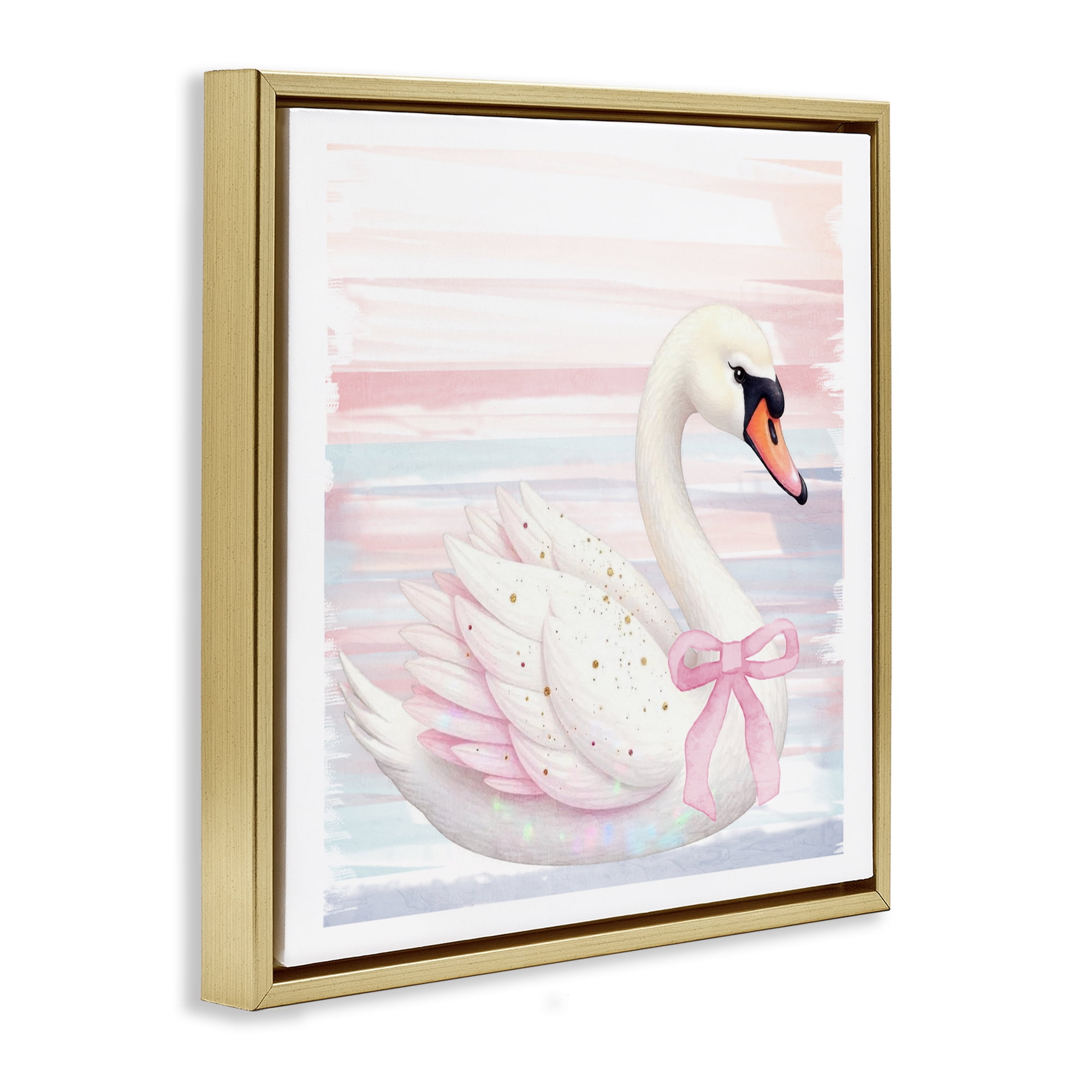 Pink Swan with Ribbon Gold Framed Floater Canvas Wall Art, design by Kim Allen