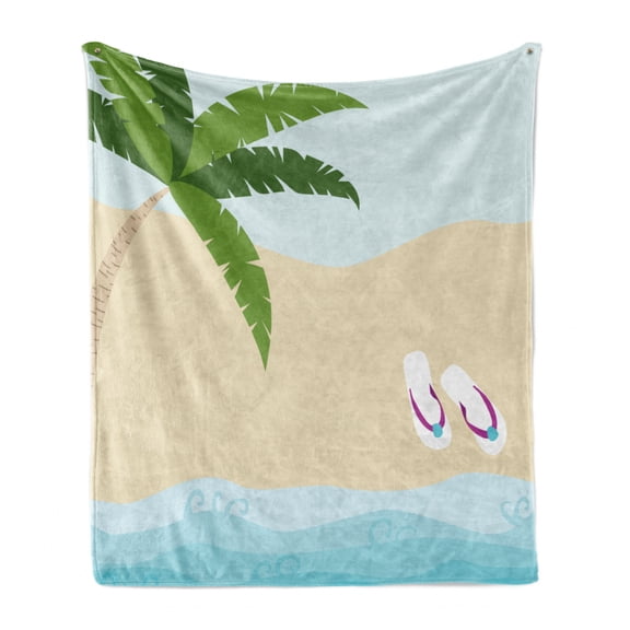Graphic Beach Soft Flannel Fleece Throw Blanket, Summer Cartoon of Palm Tree and Flip Flops on Sandy Ocean Coast Print, Cozy Plush for Indoor and Outdoor Use, 50" x 70", Multicolor, by Ambesonne